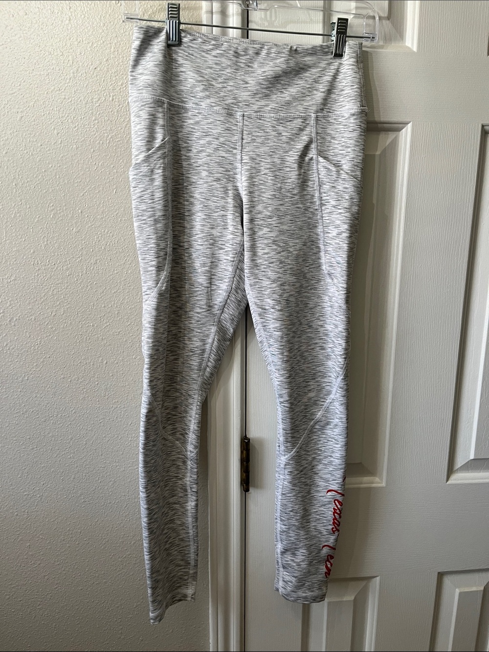 Heather Gray Active Leggings with Red Texas Tech Script Detail